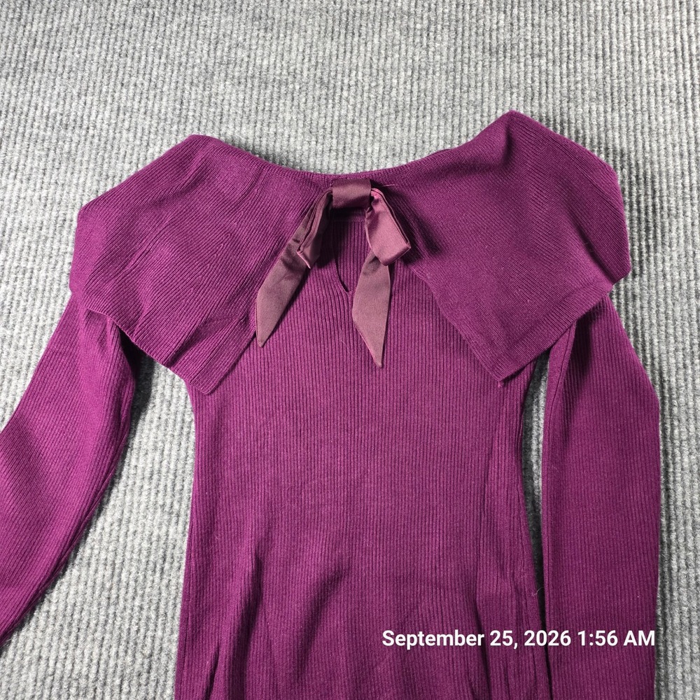 White House Black Market Purple Ribbed Knit Bow Portrait Collar Dress Small